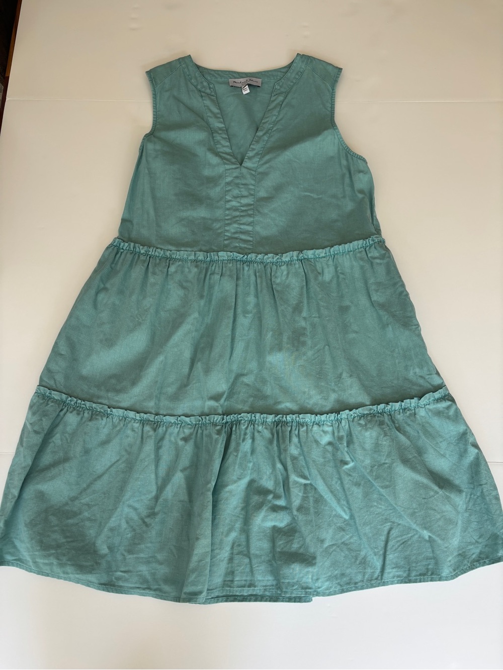 Michael Stars Teal Linen Cotton Tiered Sleeveless V-Neck Mini Dress - Small